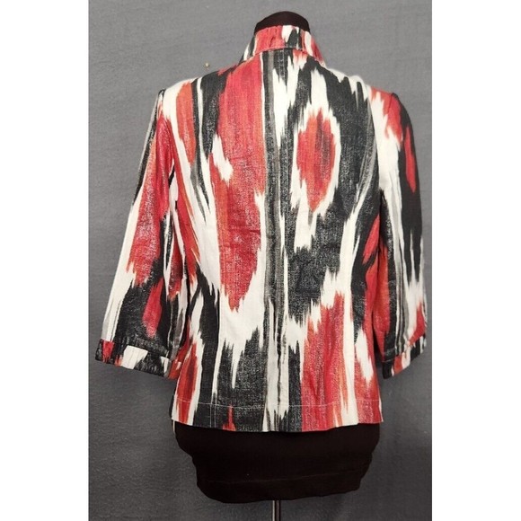 Chico's Red White Black Abstract Shimmer Open Front Linen Blend Jacket Sz 0 S - Picture 3 of 9